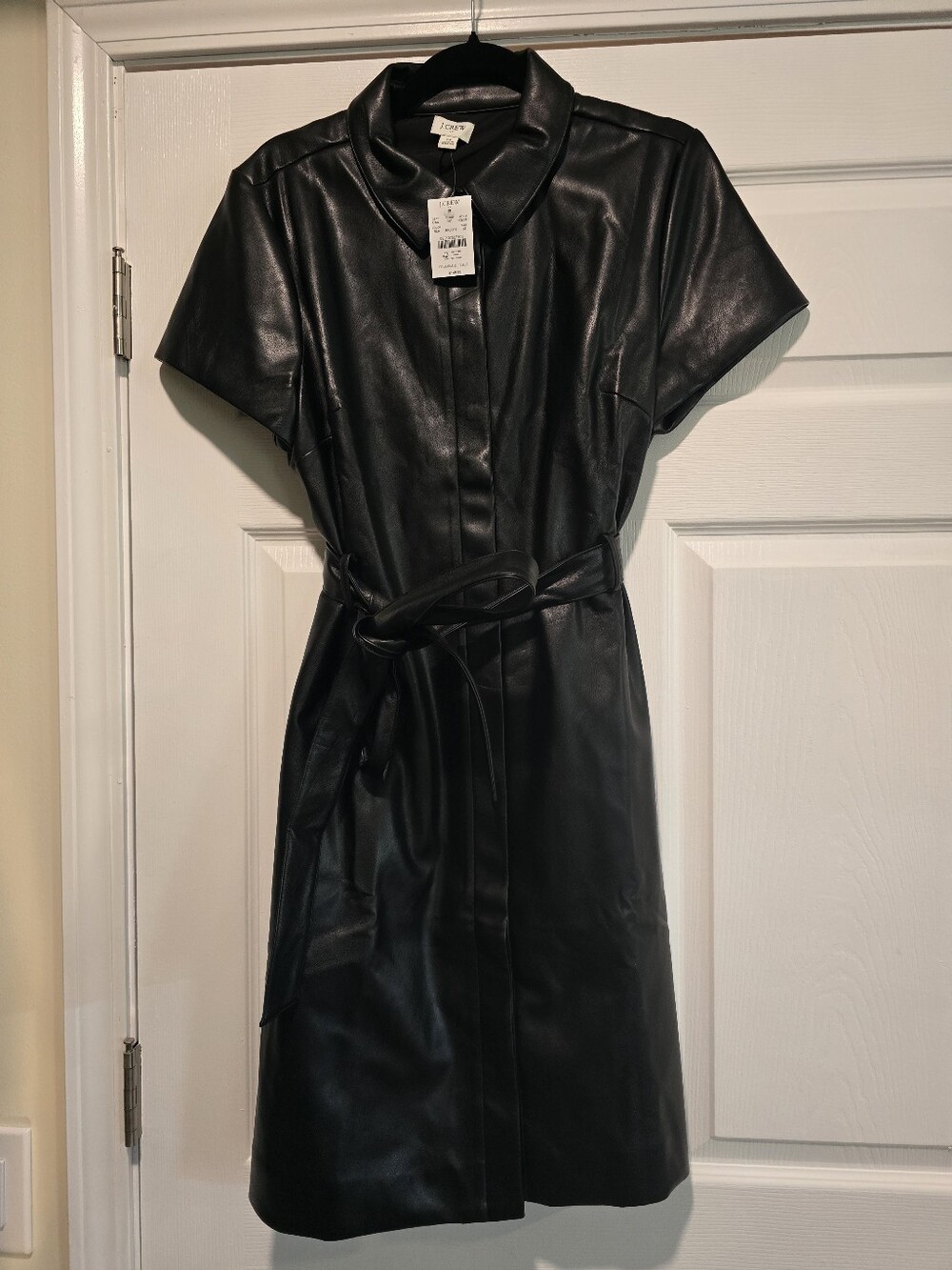 J Crew Faux Leather Black Dress with Waist Tie NWT